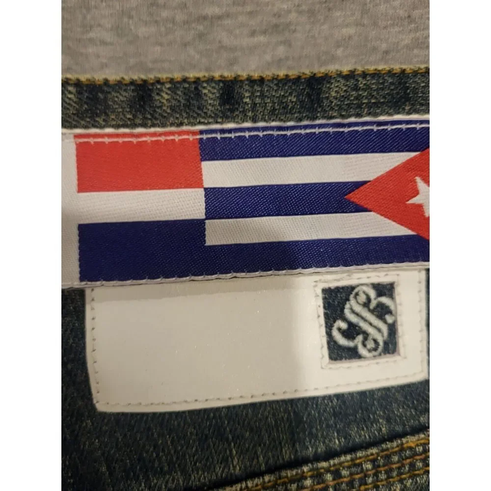 Blanco Label JEANS Blue Denim 34x34 Vintage Y2K‎ Baggy Flag Belt New NWT